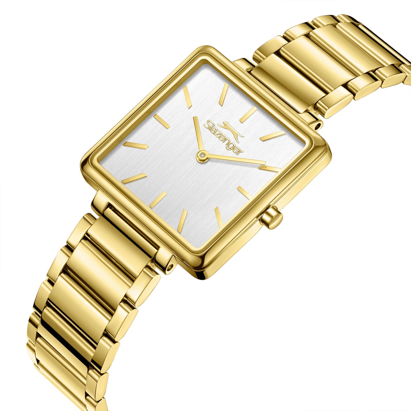 Slazenger gold tank watch angled view showing case and bracelet detail