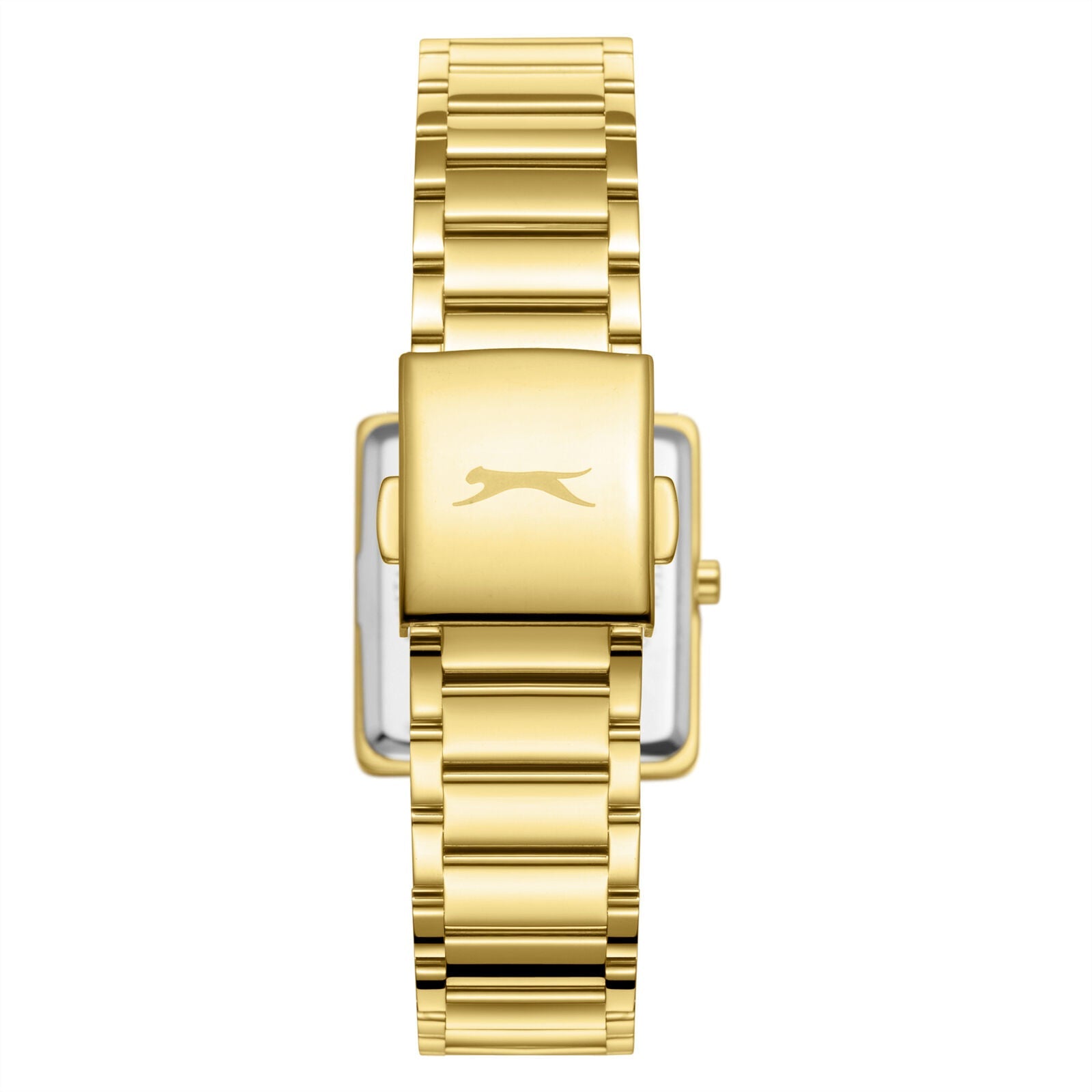 Slazenger gold tank watch rear view showing caseback and bracelet