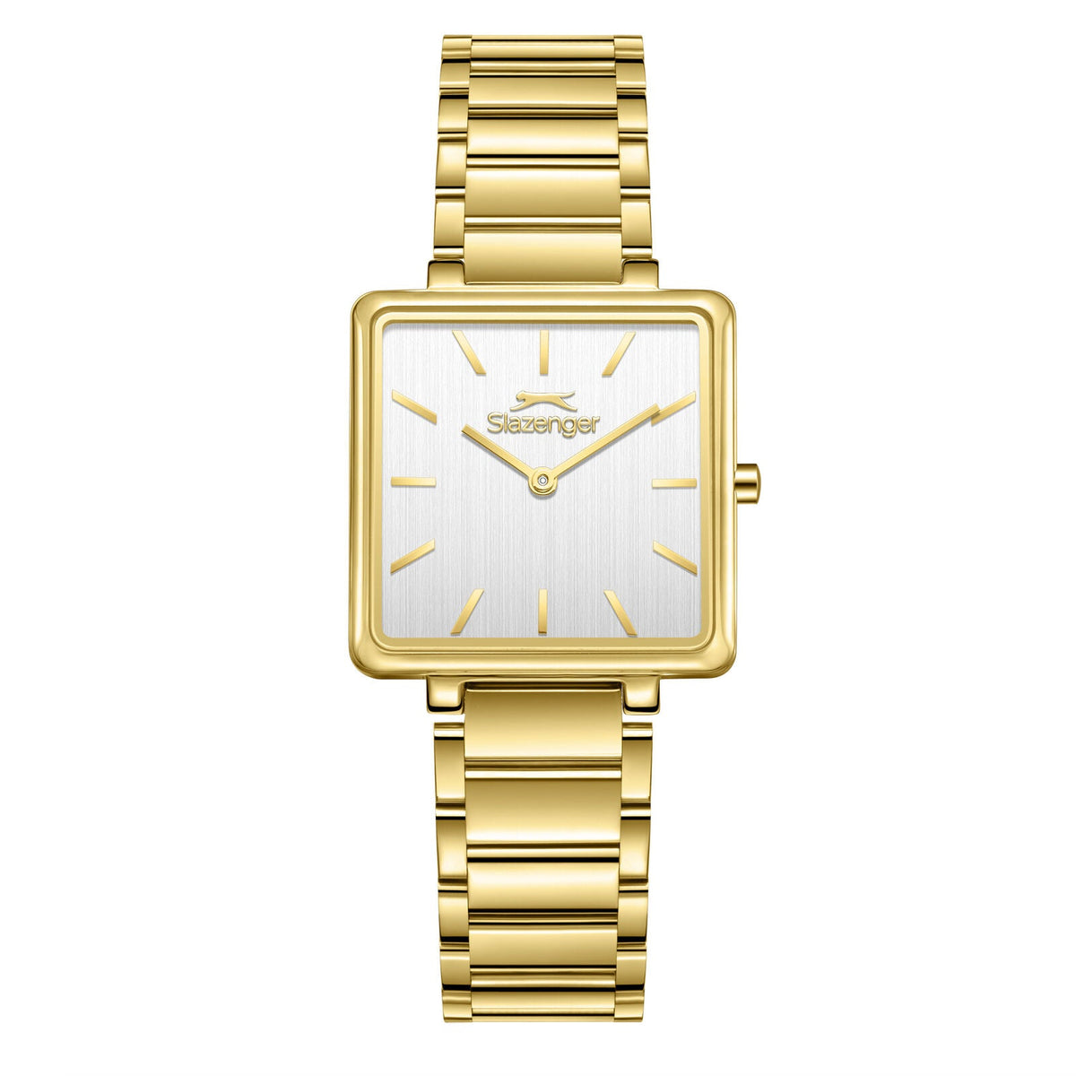Slazenger gold square tank watch with white dial and gold bracelet strap