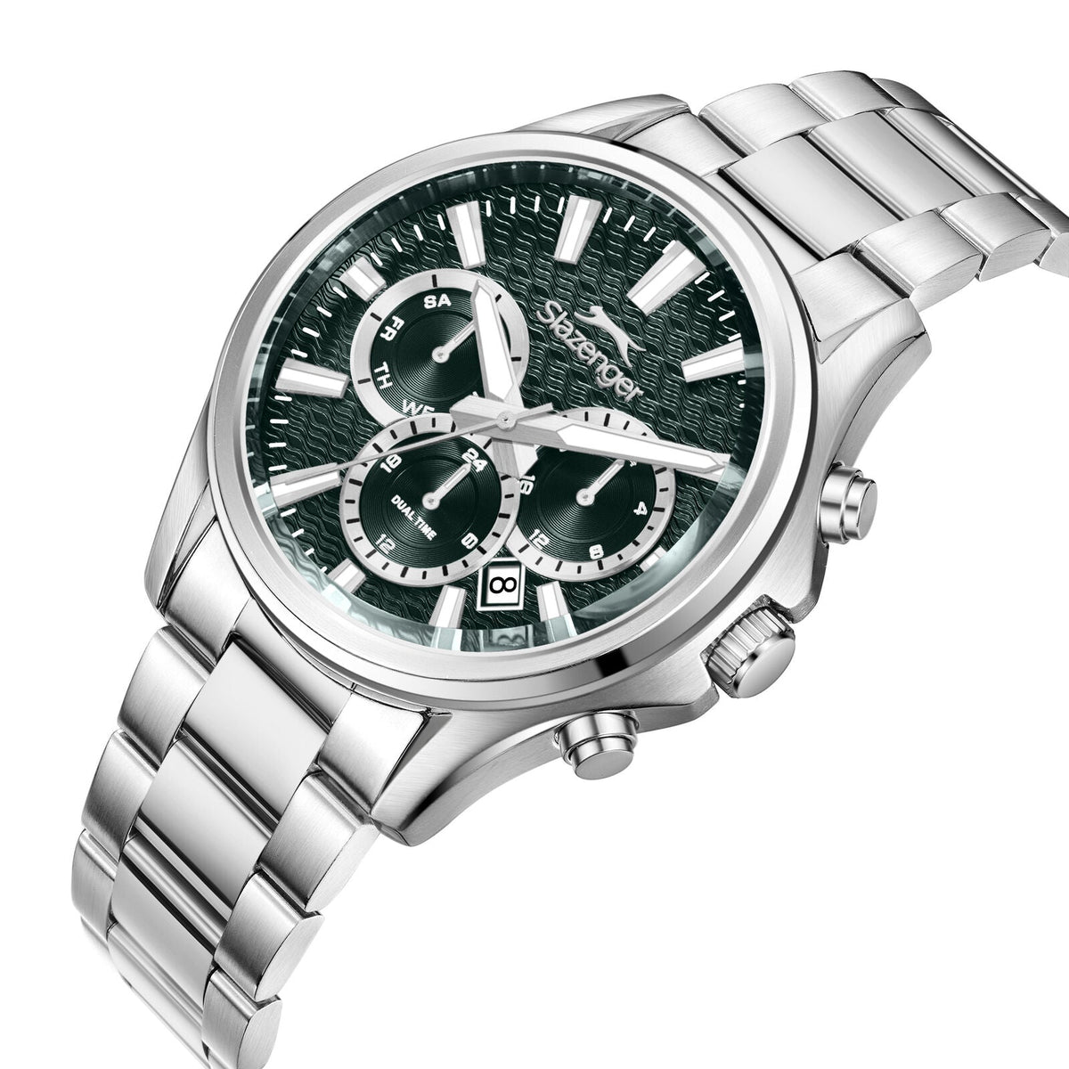 Slazenger multifunction watch angled view showing emerald dial, chronograph subdials, and silver bracelet