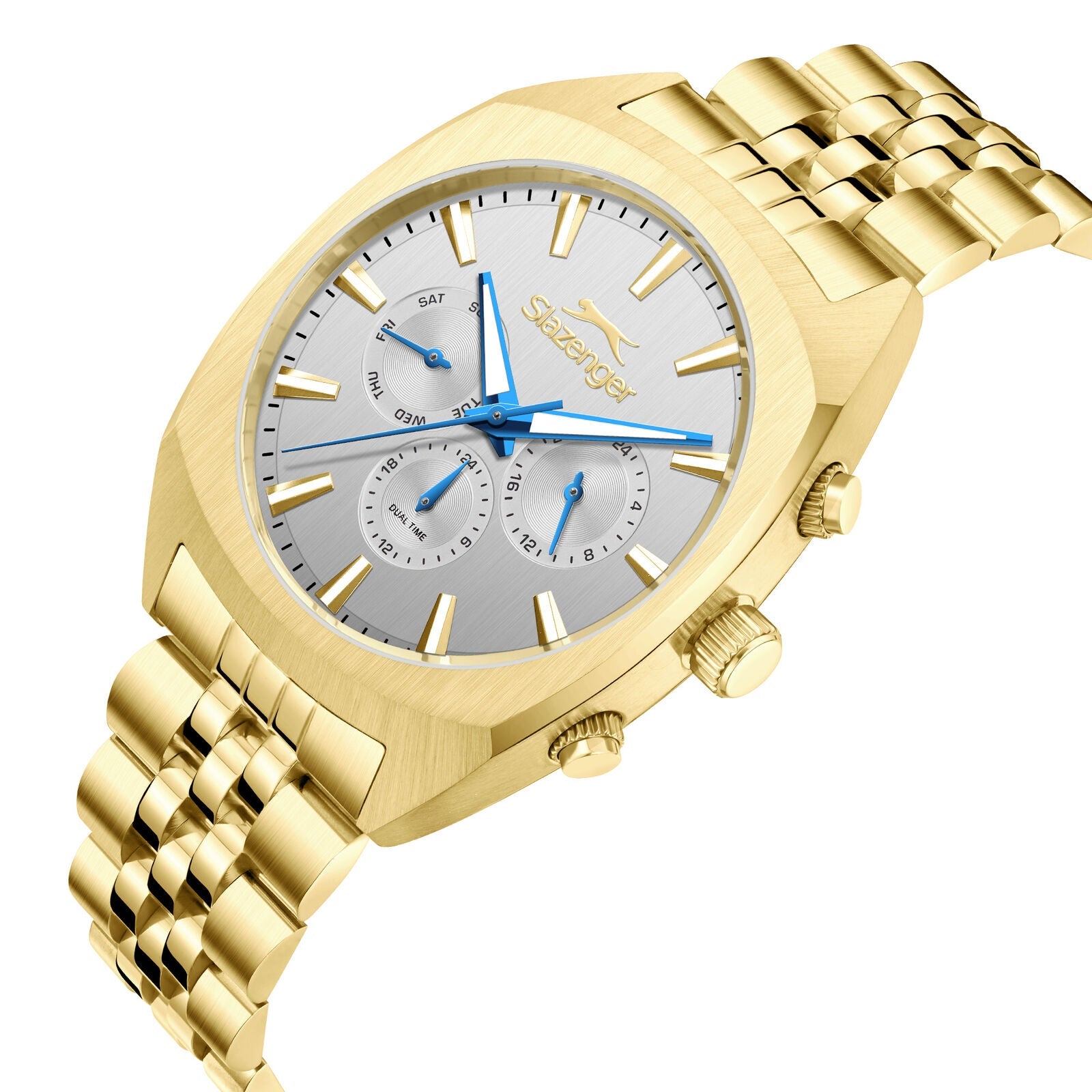 Angled view of Slazenger gold watch showing dial, case, and bracelet with chronograph functions