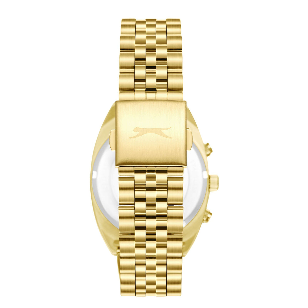 Caseback view of Slazenger gold watch with engraved Slazenger logo and gold bracelet