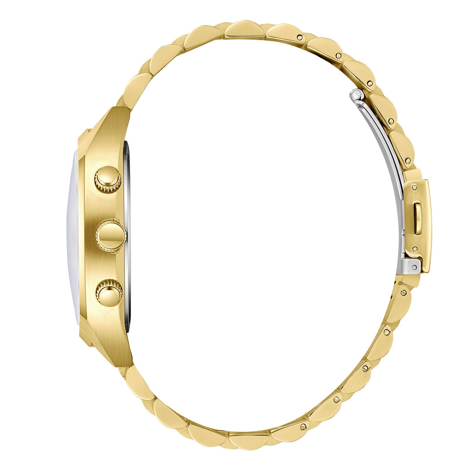 Side profile of Slazenger gold watch displaying case thickness and chronograph pushers