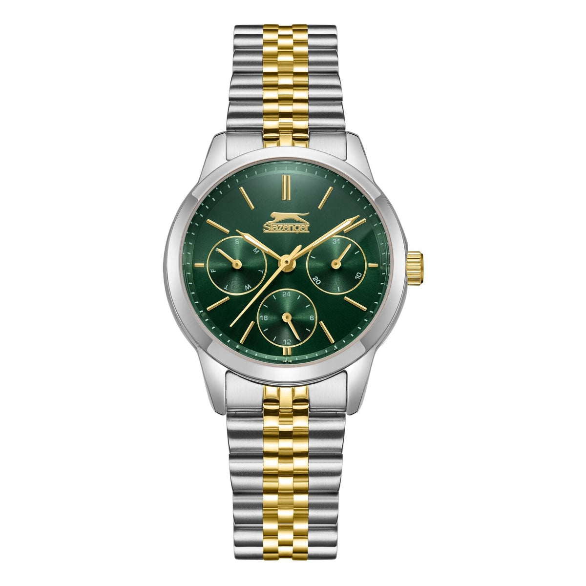 Slazenger Sport two-tone watch with green dial and multifunction chronograph subdials