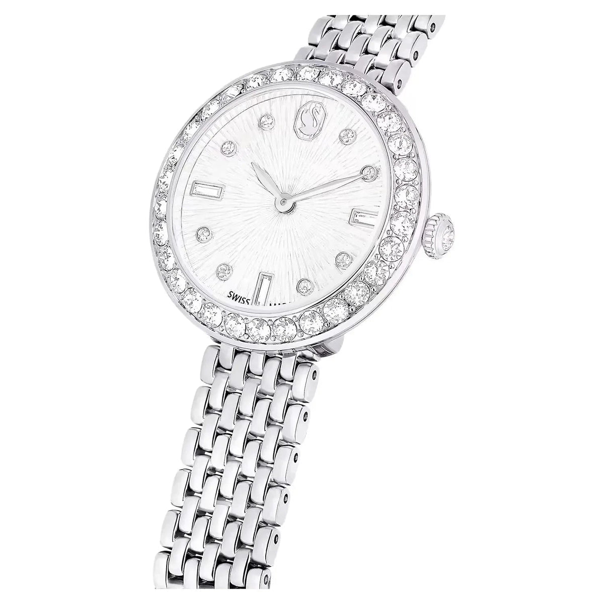 Swarovski Octea Chrono watch on wrist showing silver dial and steel bracelet