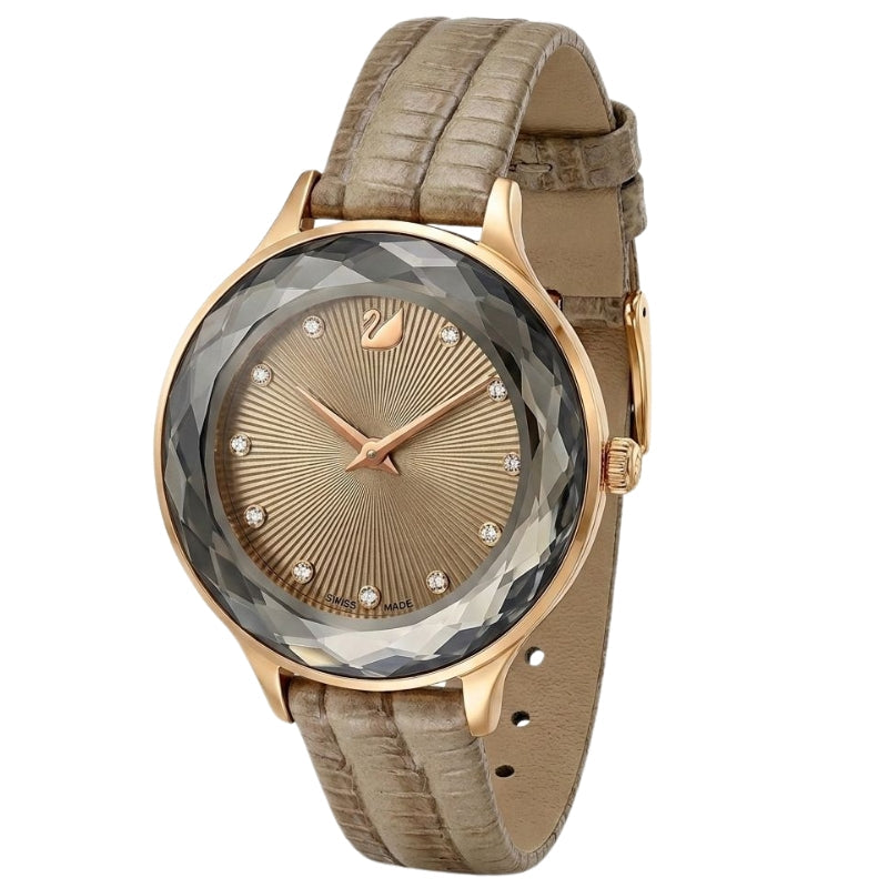Swarovski Octea Nova watch three-quarter view showing sapphire faceted bezel and rose gold tone case