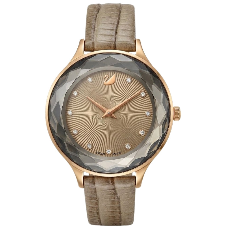 Swarovski Octea Nova women's watch with rose gold case, sapphire bezel, taupe dial, and leather strap