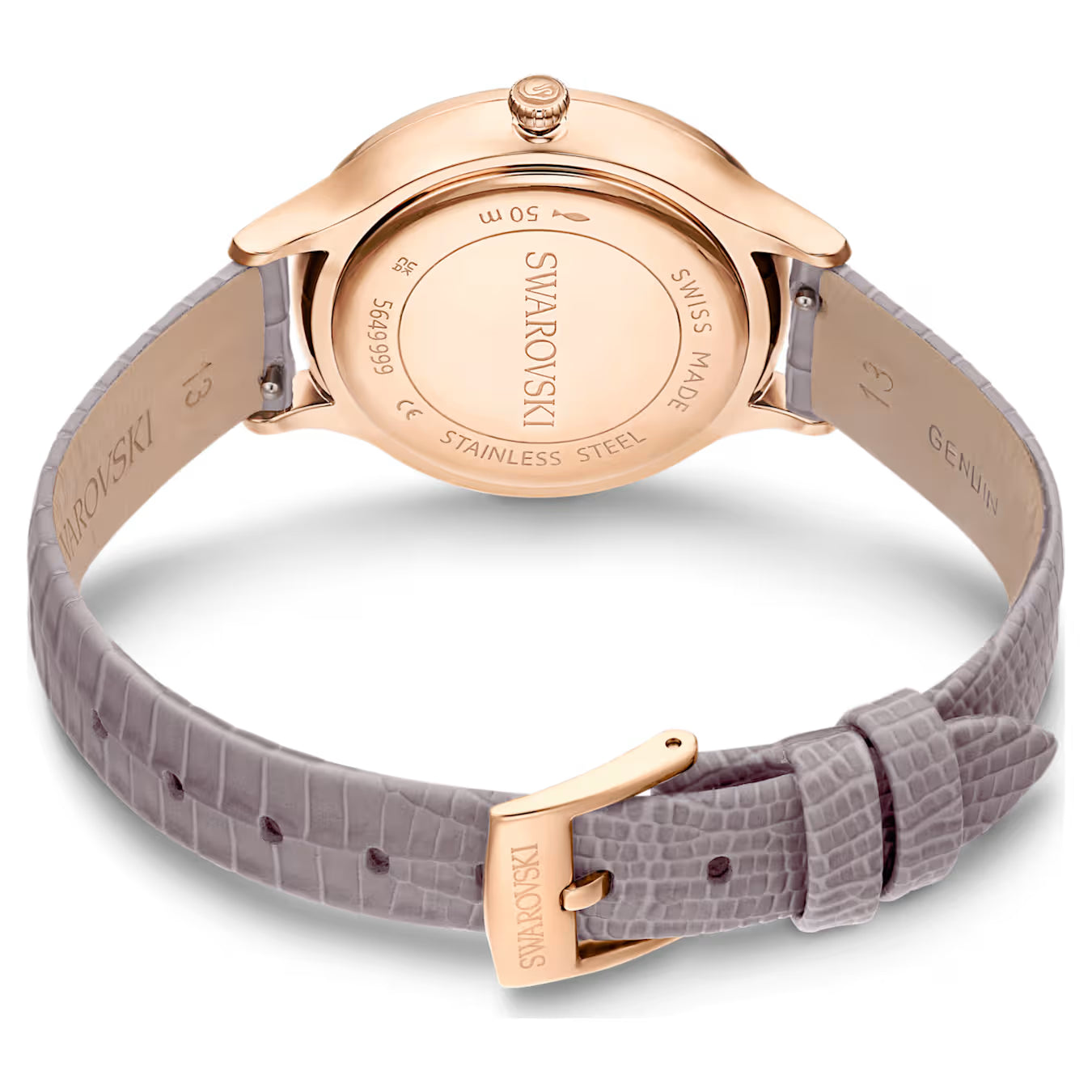 Swarovski Octea Nova watch back view showing rose gold case and taupe crocodile-embossed leather strap