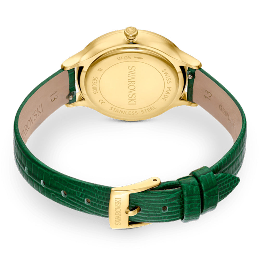 Swarovski Octea Nova watch caseback showing gold-tone case with Swarovski logo engraving