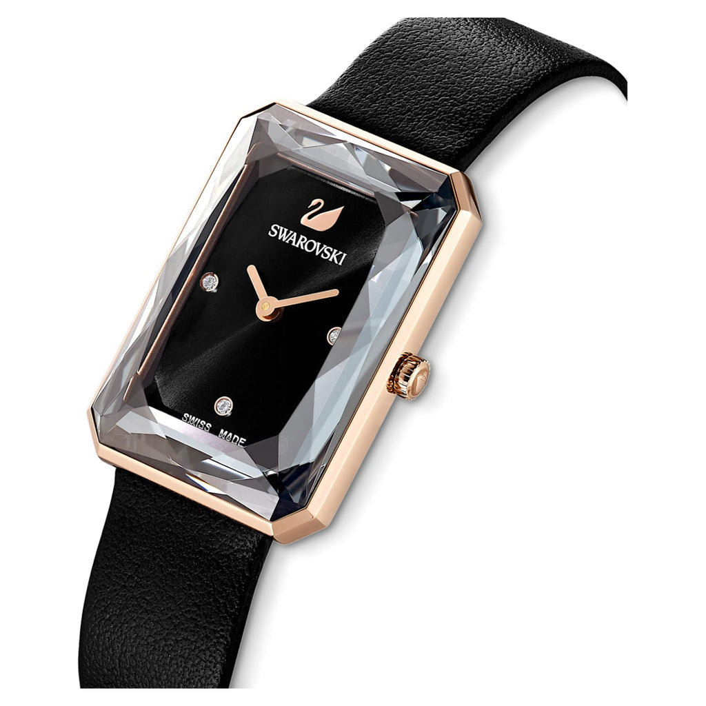 Swarovski Uptown watch angled view showing rectangular case and crystal bezel detail