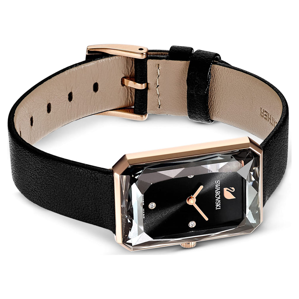Swarovski Uptown watch showing black leather strap and rose-gold buckle detail