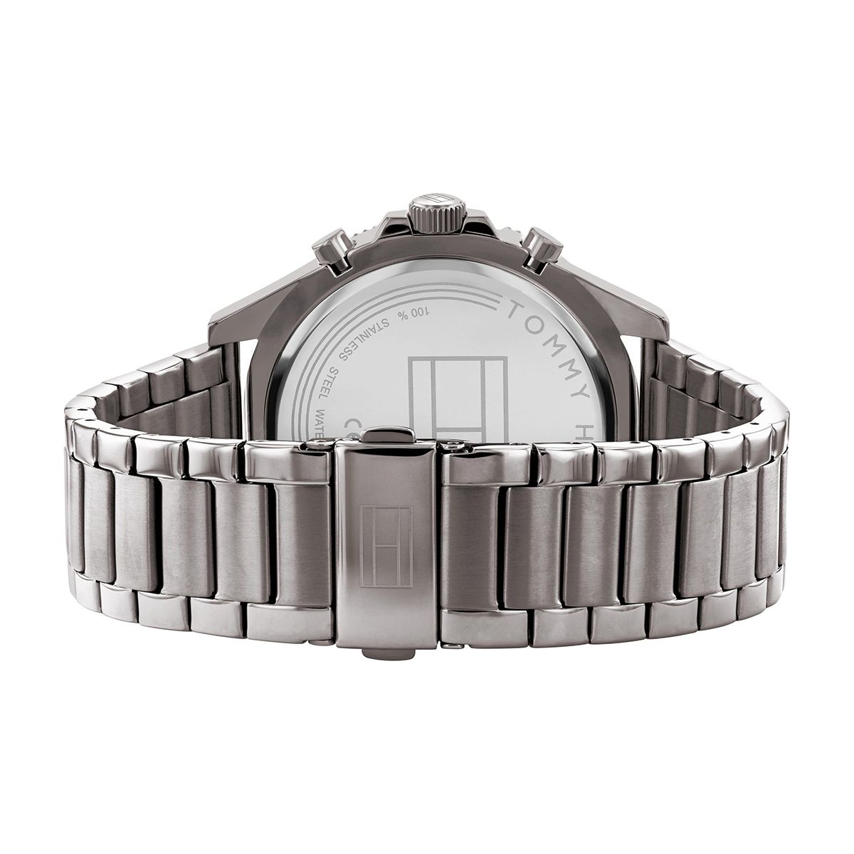 Rear view of Tommy Hilfiger watch showing stainless steel caseback and bracelet