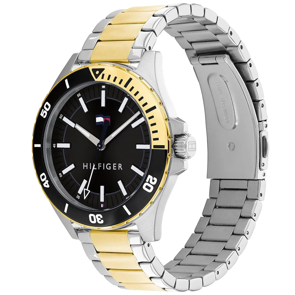 Three-quarter view showing black dial with indices and two-tone bracelet with gold center links