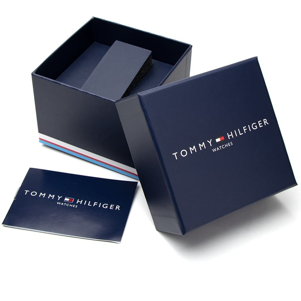 Tommy Hilfiger watch presentation box with navy exterior and branded lid