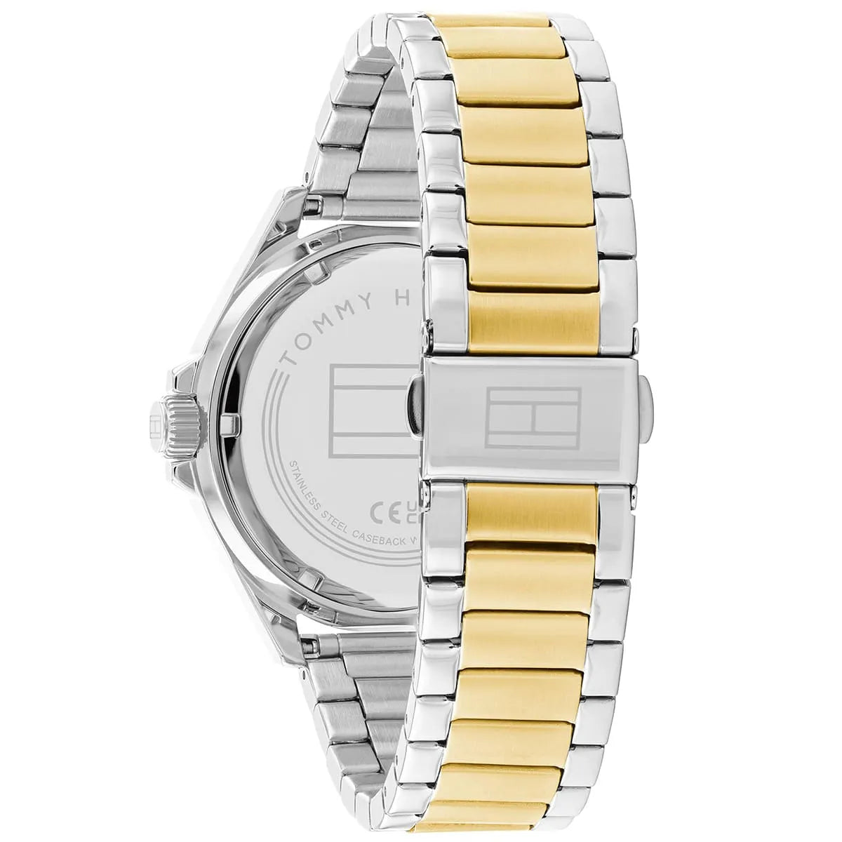 Case back view displaying two-tone stainless steel bracelet with silver outer and gold center links