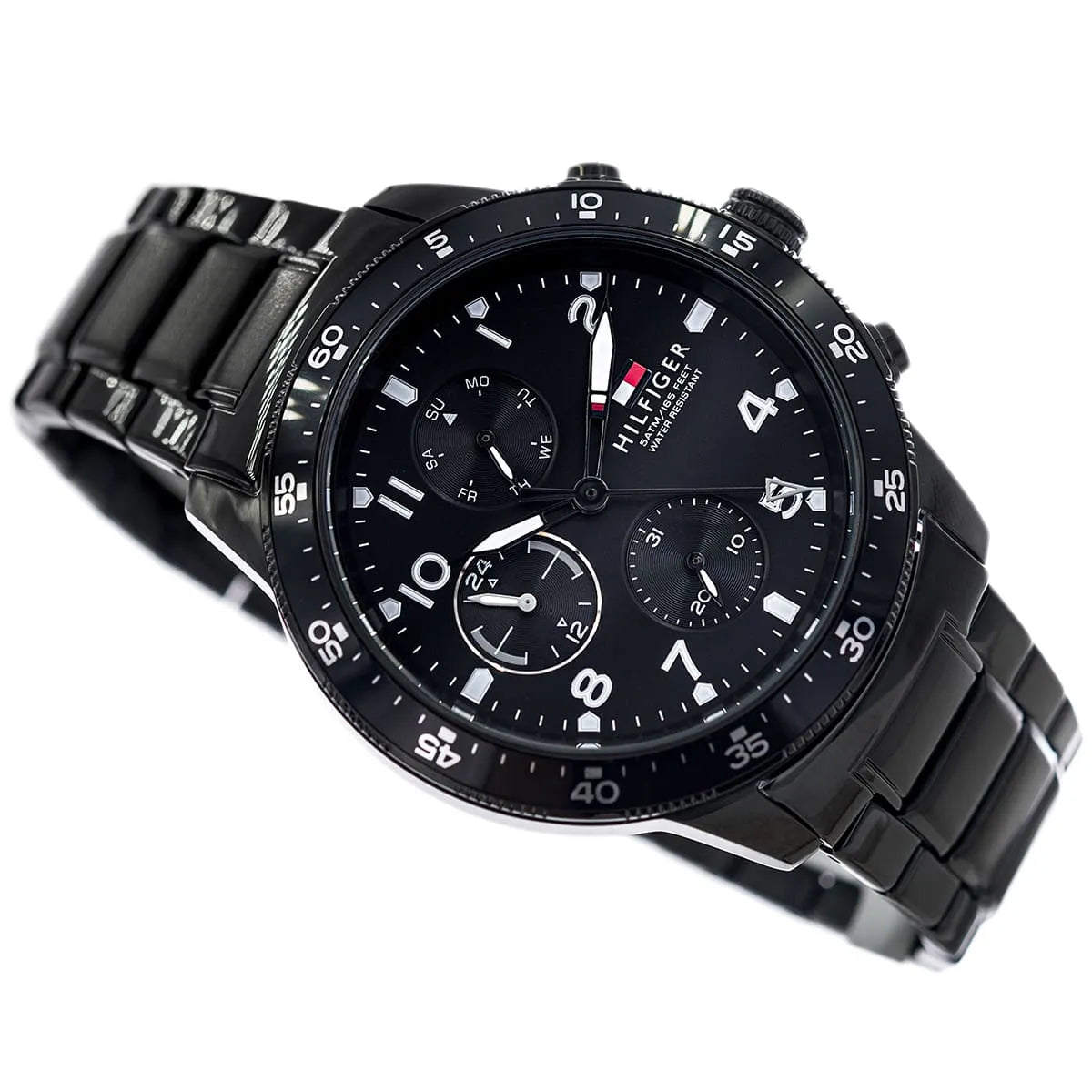 Tommy Hilfiger Jimmy chronograph watch with subdials on black dial and black stainless steel strap