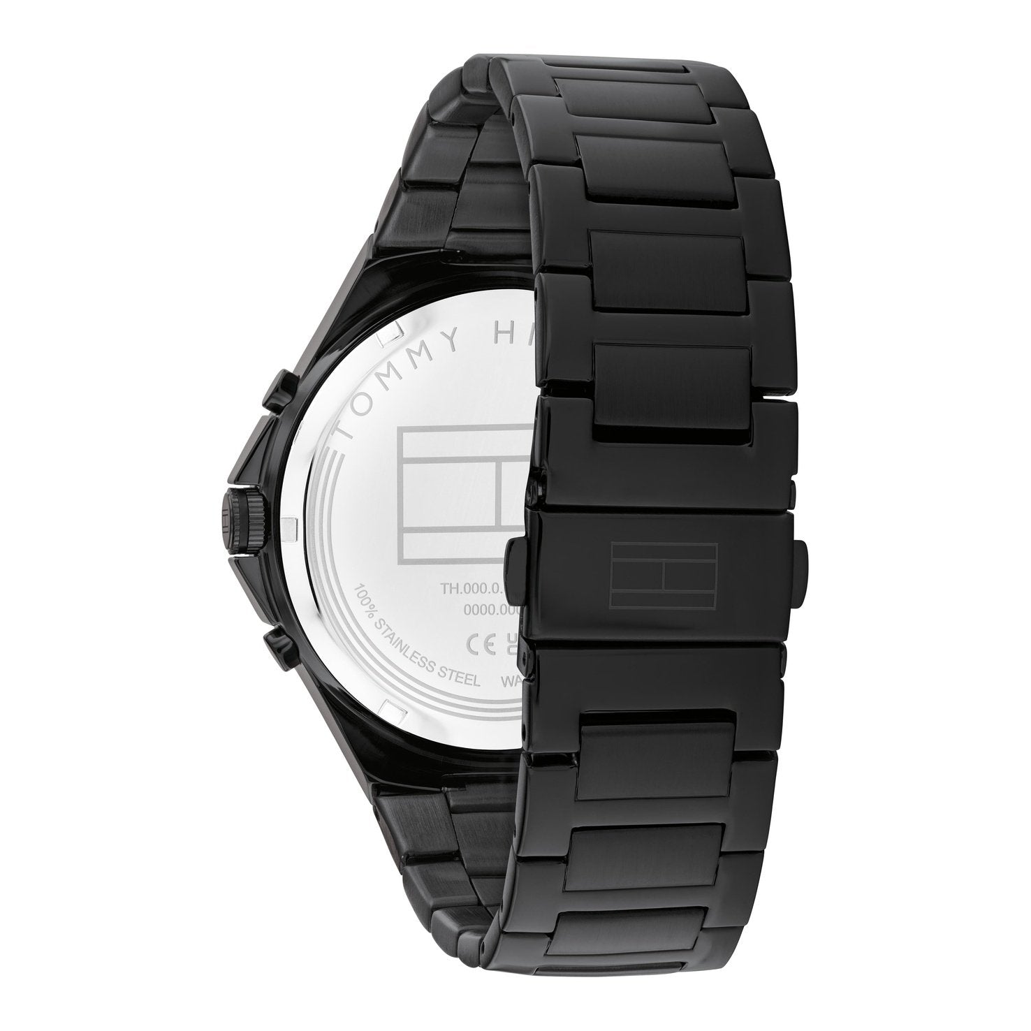 Tommy Hilfiger Justin watch caseback showing white dial and black steel bracelet