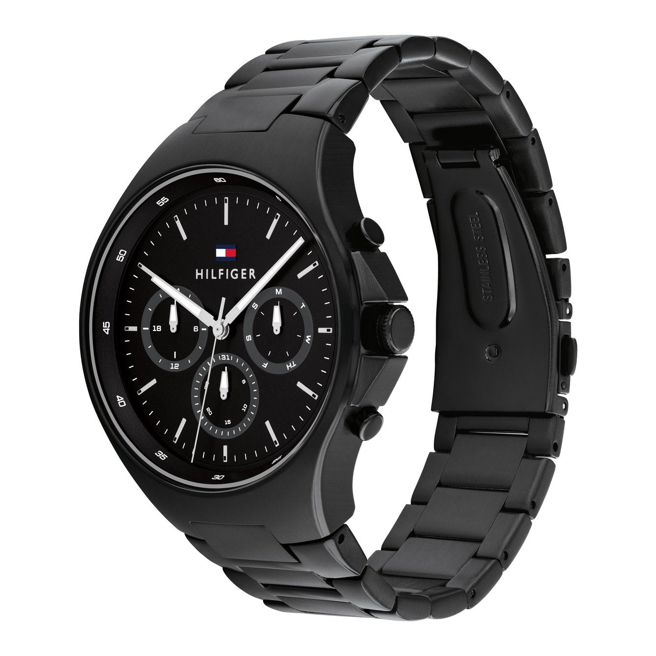 Tommy Hilfiger Justin watch side profile showing black steel bracelet and case