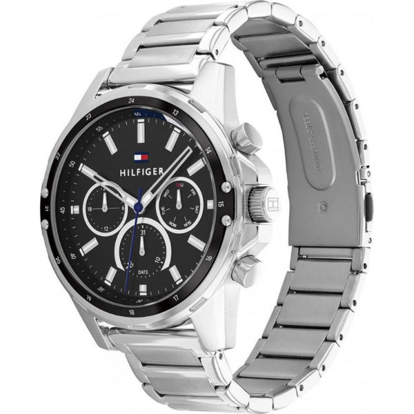 Side angle view of Larson watch showing black dial and silver steel bracelet