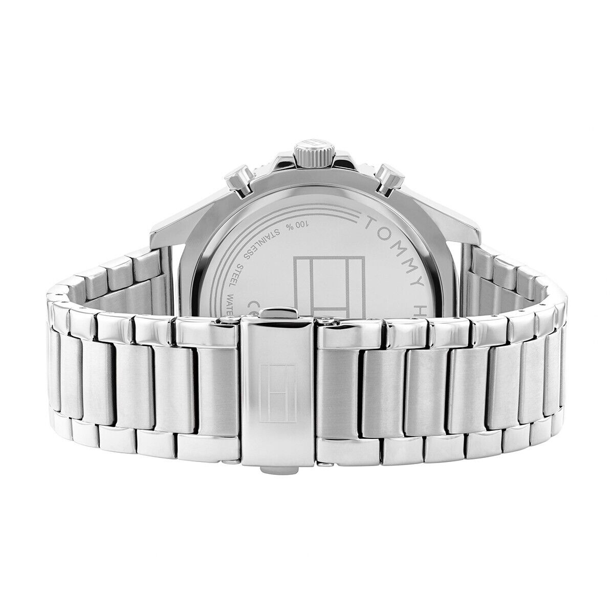 Bottom view of Larson watch showing steel bracelet and caseback detail