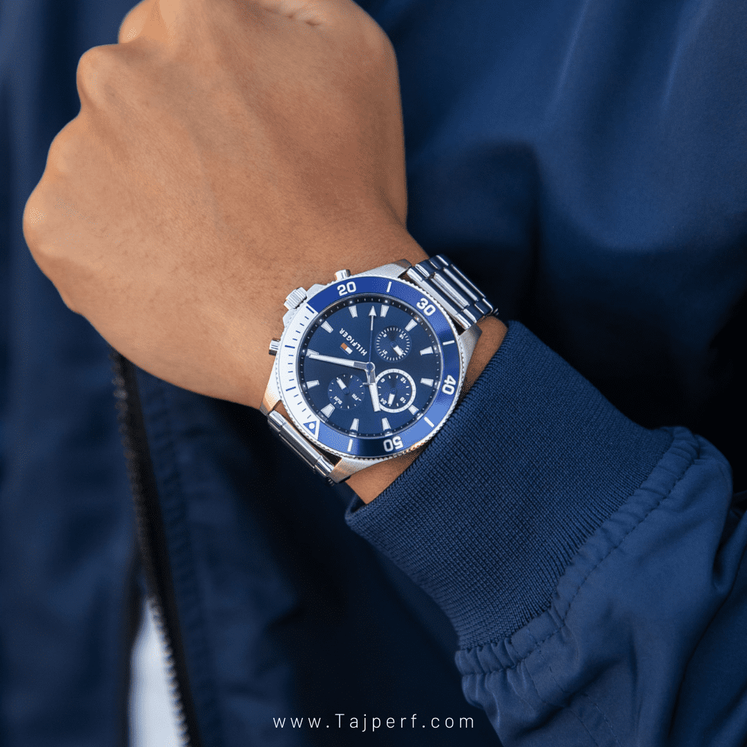 Tommy Hilfiger Larson chronograph worn on wrist with blue dial and steel bracelet