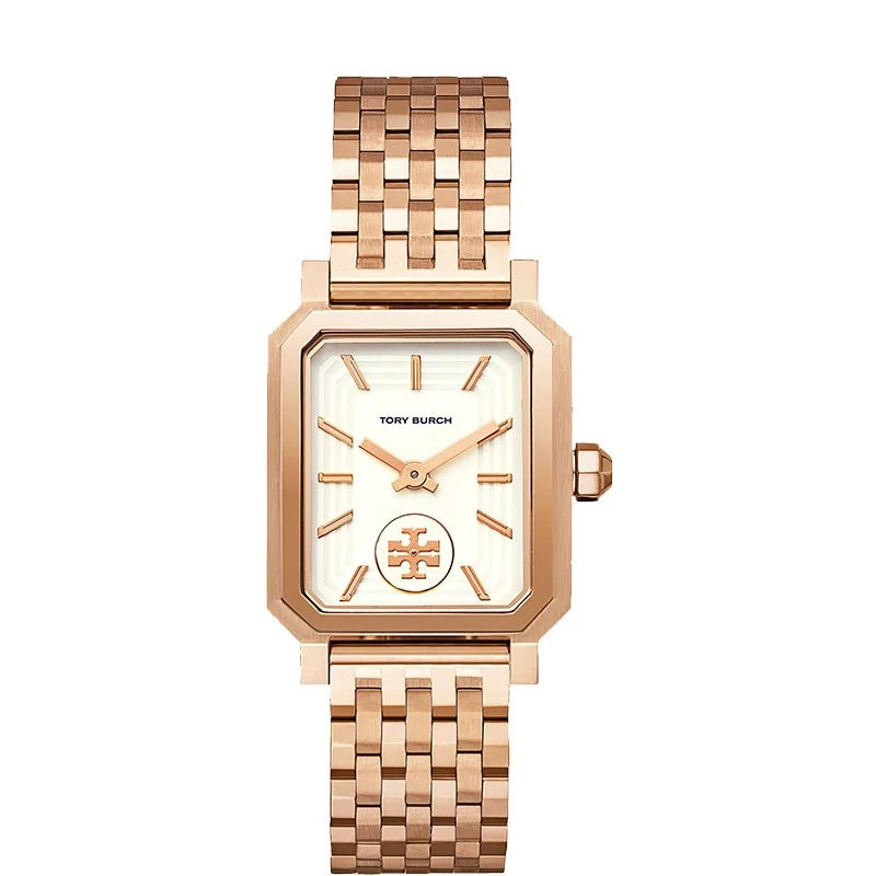 Tory Burch Robinson rose gold stainless steel women's watch with rectangular dial and matching bracelet strap