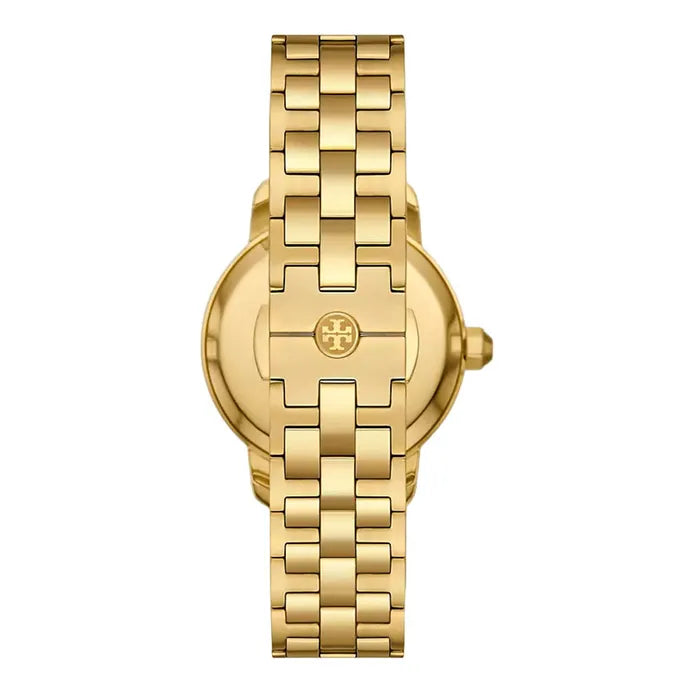Tory Burch TBW1053 side view showing gold stainless steel case and bracelet