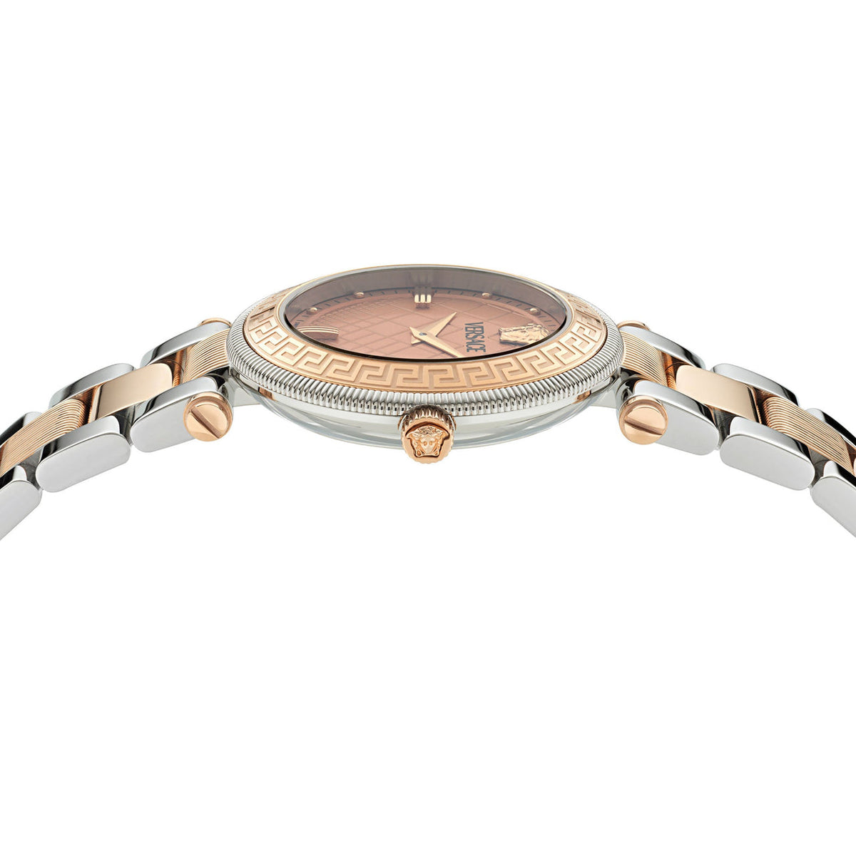 Angled view of Versace Reve watch displaying rose gold dial and two-tone bracelet