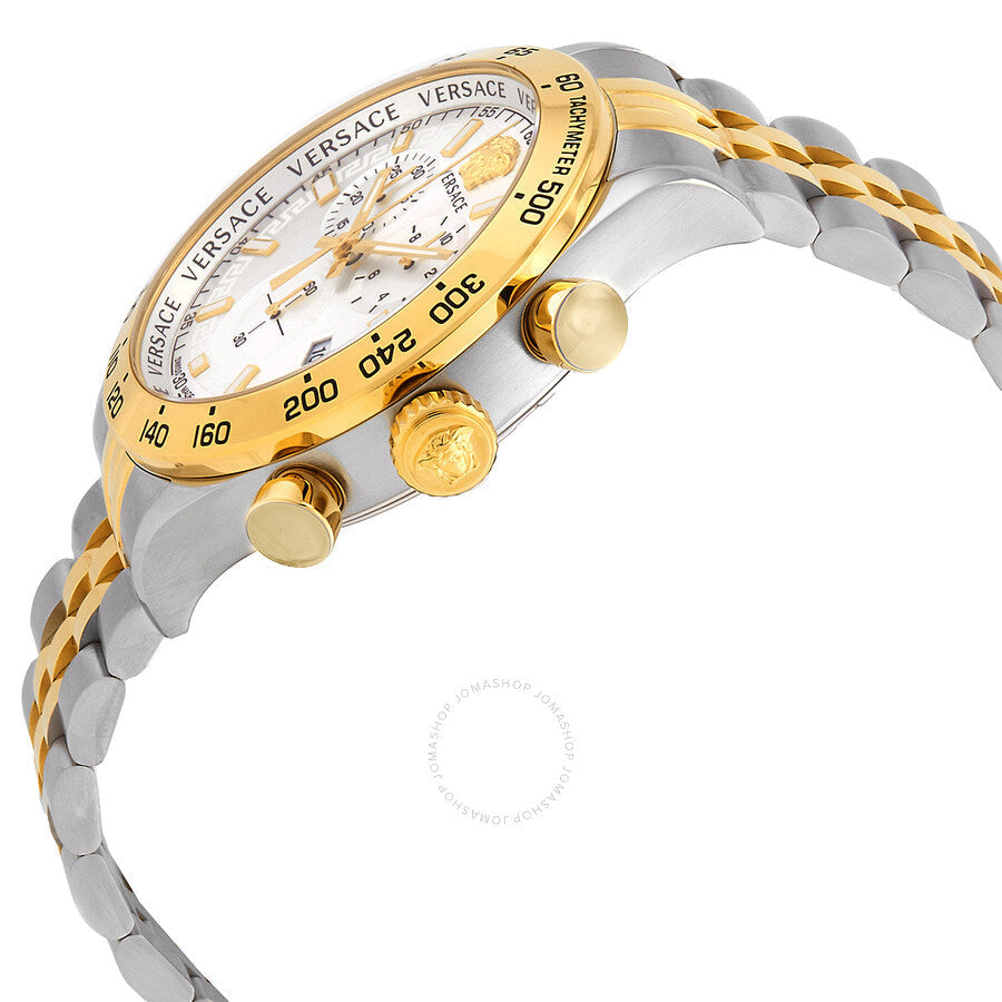 Side profile of Versace chronograph watch showing two-tone case, gold pushers, and mixed metal bracelet
