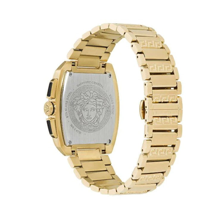 Versace Dominus watch side profile displaying rectangular case, gold steel bracelet, and Medusa caseback