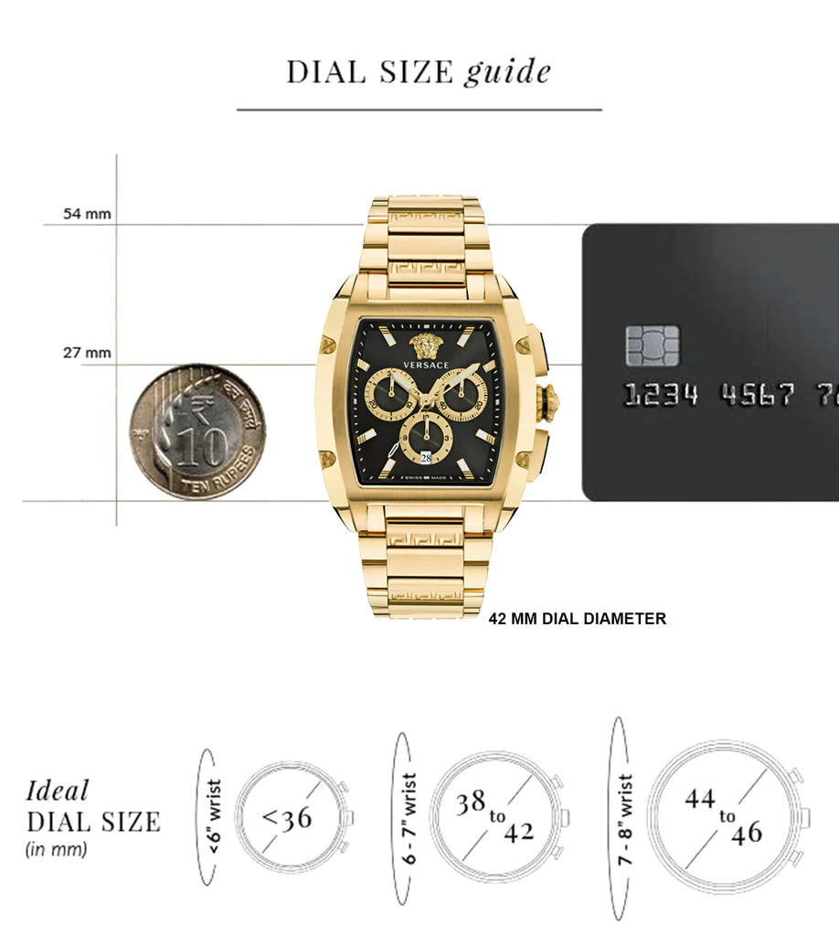 Versace Dominus dial size guide comparing 42mm dial diameter with coin and credit card