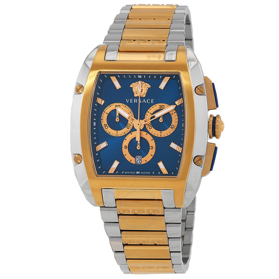 Versace Dominus chronograph men's watch with rectangular blue dial and two-tone gold and silver bracelet