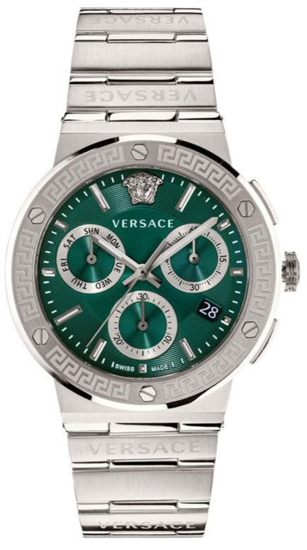 Versace Greca Logo Chrono Green Dial Silver Steel Strap Men's Watch - VEZ900121
