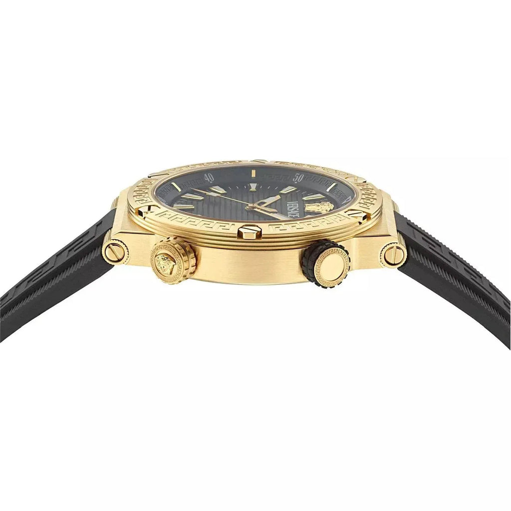 Versace Greca Logo DIVER Black Dial Black Strap Swiss Movt Gold Watch - VE8G00324