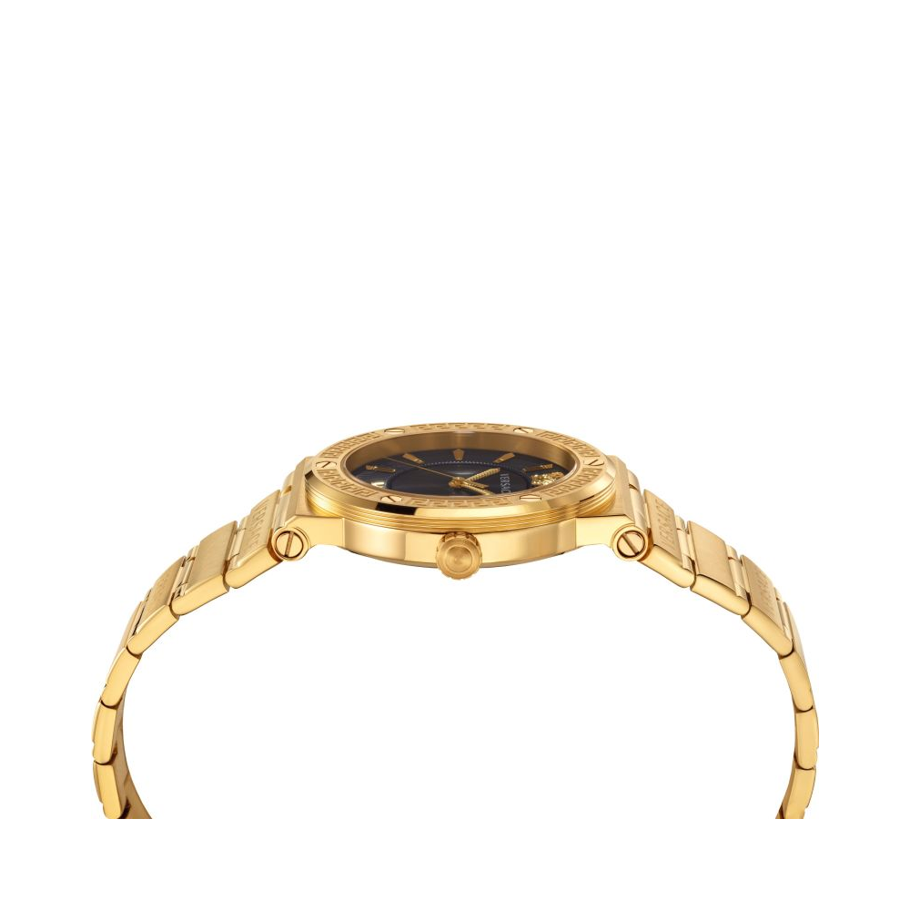 Versace Greca watch side angle showing gold steel bracelet and case profile