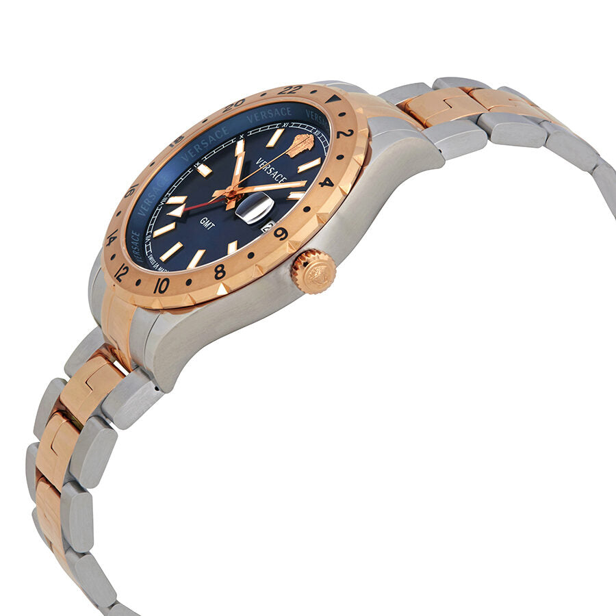 Versace Hellenyium GMT watch angled view showing two-tone case and bracelet design