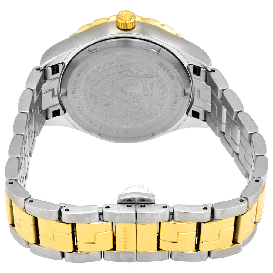Caseback view of Versace Hellenyium ladies watch with stainless steel two-tone bracelet
