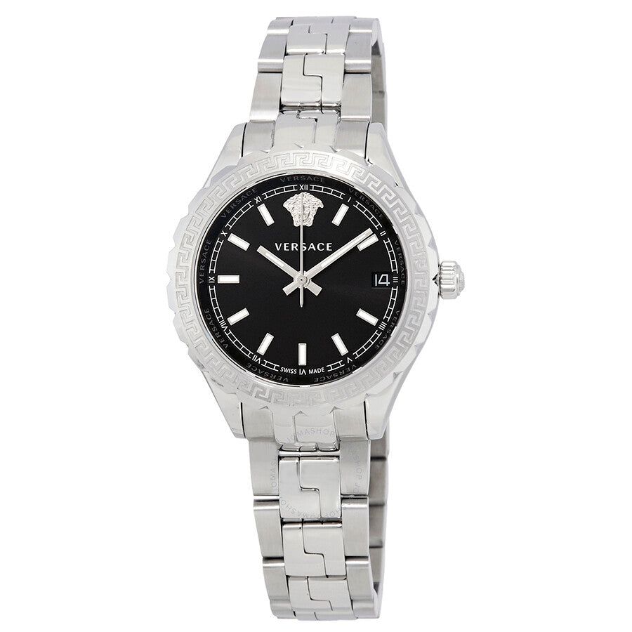 Versace Hellenyium black dial ladies watch with stainless steel case and bracelet