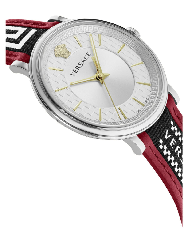 Versace V Circle Silver Dial Two-Tone Leather Strap Swiss Movt Watch - VEBQ01319