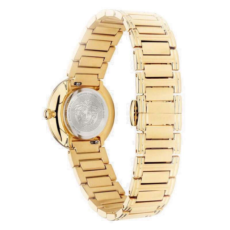 Side view of Versace Virtus Mini gold watch showing case profile and gold link bracelet