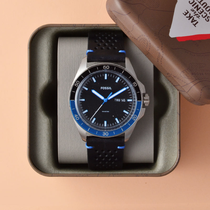Fossil Sport 54 Black Dial Leather Strap Men's Watch FS5321