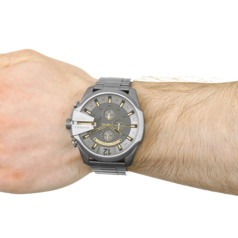 Diesel Mega Chief DZ4466 316L grey stainless steel 10 ATM (100 meters) water resistant Japan movements with a chronograph and date function