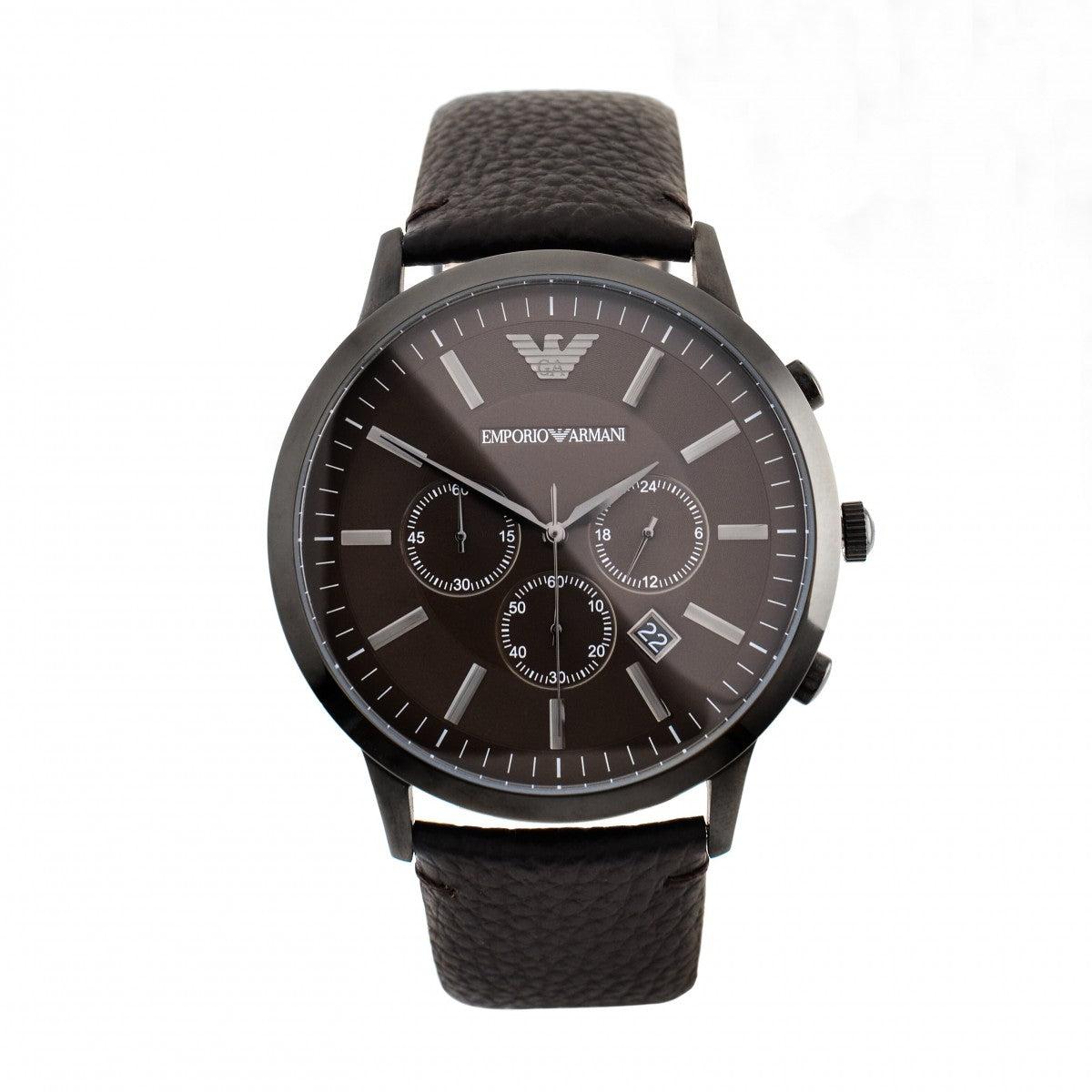 An Emporio Armani men's analog watch featuring a dark brown dial, matching dark brown leather strap, and a black case with silver-tone indices and chronograph sub-dials.