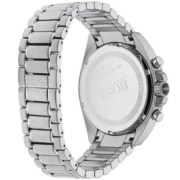 Hugo Boss watch caseback with engraved text and silver metal bracelet detail