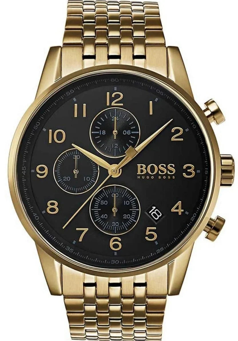 Gold watch with black dial on a white background