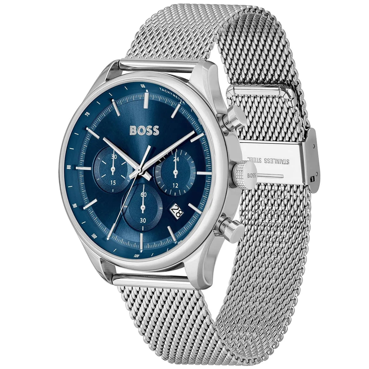 Hugo Boss Gregor watch angled view showing silver mesh bracelet and blue chronograph dial