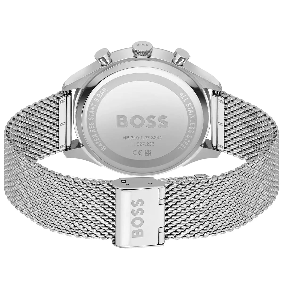 Hugo Boss Gregor watch caseback showing stainless steel back and mesh bracelet