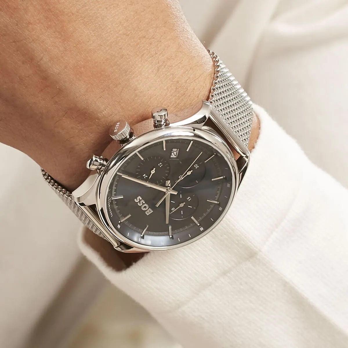 Hugo Boss Gregor chronograph watch worn on wrist with silver mesh band