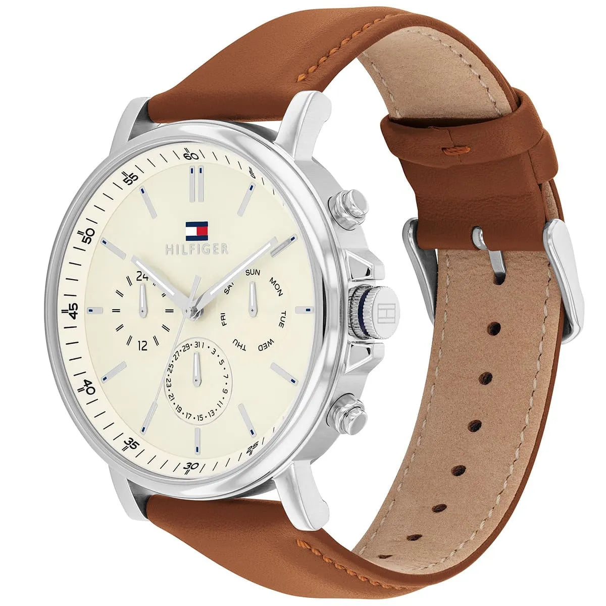 Side angle view of Tommy Hilfiger multifunction watch showing brown leather strap and silver stainless steel case