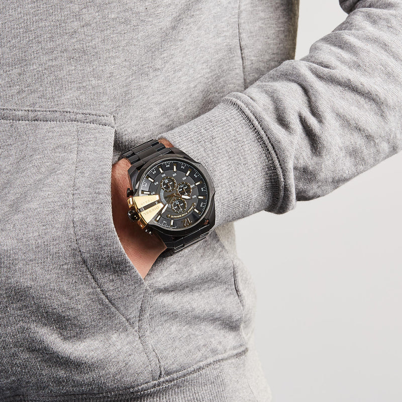 Diesel Mega Chief DZ4338  316L Black ion-plated 10ATM (100m) water resistant 4 Time zones (GMT)